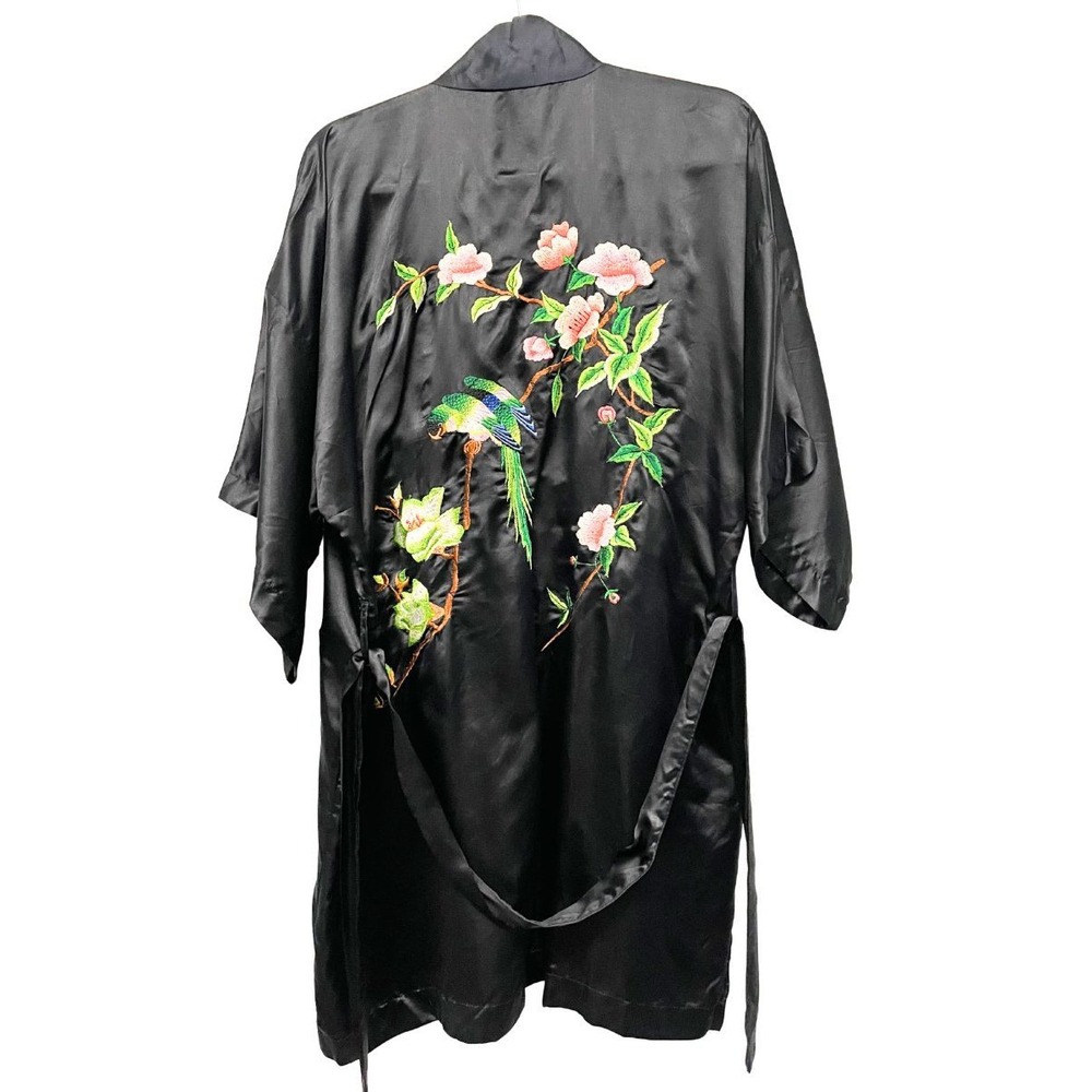 Vintage 100% Silk Embroidered Bird Floral Kimono Robe Black Wrap Rare Size M